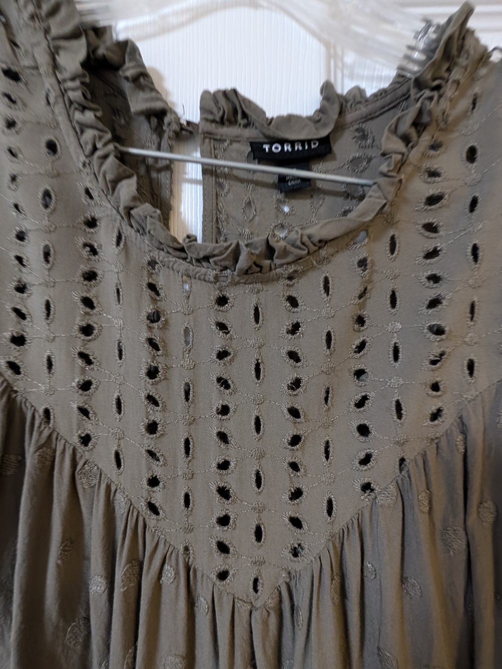 💚 Torrid Olive Eyelet Ruffle Cap Sleeve Blouse | Swiss Dot Top - Picture 2 of 13
